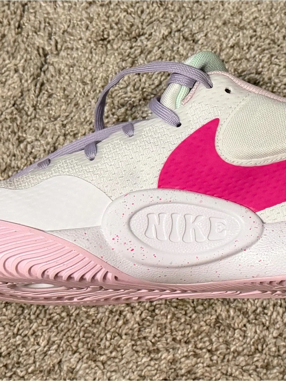 Nike White Sneakers with Pink Midsoles and Lavender Laces